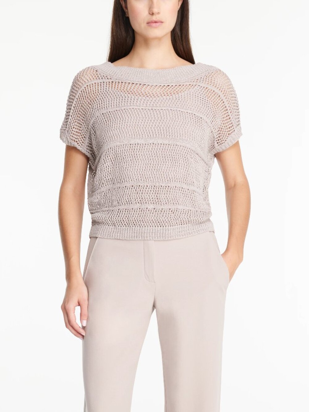 SARAH PACINI Taupe Linen Blend Mesh Knit Cropped Cap Sleeve Sweater, One Size